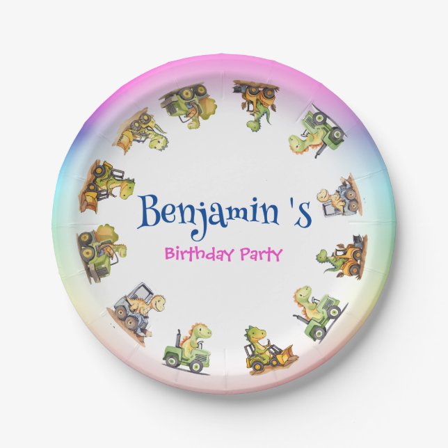 Cute dinosaur tractor Rainbow B2S School Birthday  Paper Plate (Front)