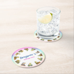 Cute dinosaur tractor Rainbow B2S School Birthday Round Paper Coaster