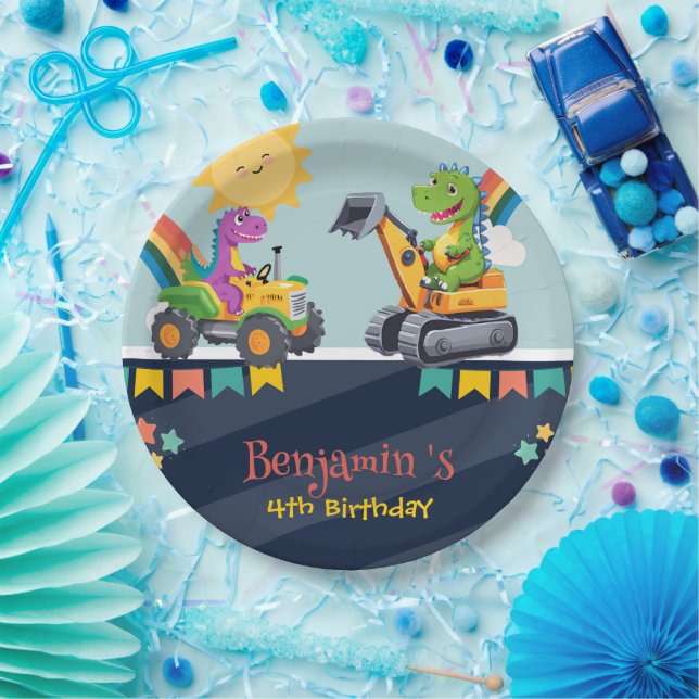 Cute dinosaur tractor truck Rainbow balloon HBD Paper Plate (Party)