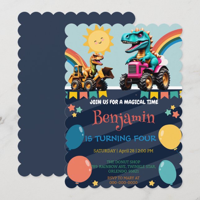Cute dinosaur tractor truck rainbow Birthday boy Save The Date (Front/Back)