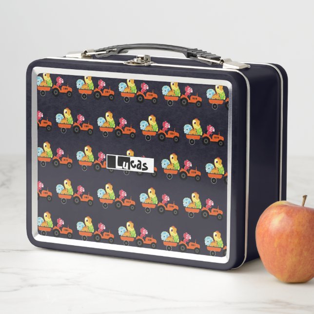 Cute dinosaur tractor Truck School kids boys Metal Lunch Box (In Situ)