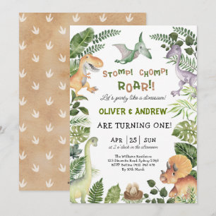 Cute Dinosaur Twin Boys Birthday Jurassic Party Invitation