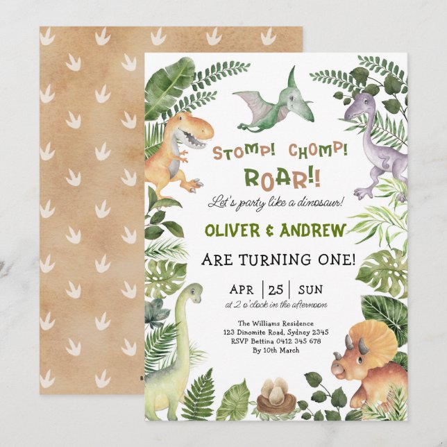 Cute Dinosaur Twin Boys Birthday Jurassic Party Invitation (Front/Back)