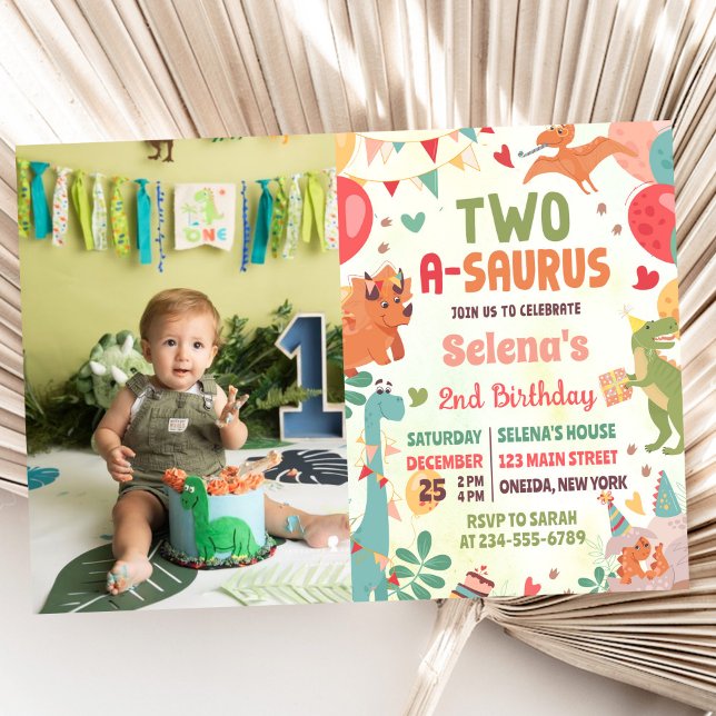 Cute Dinosaur Two-A-Saurus 2nd Birthday Photo Invitation (Creator Uploaded)