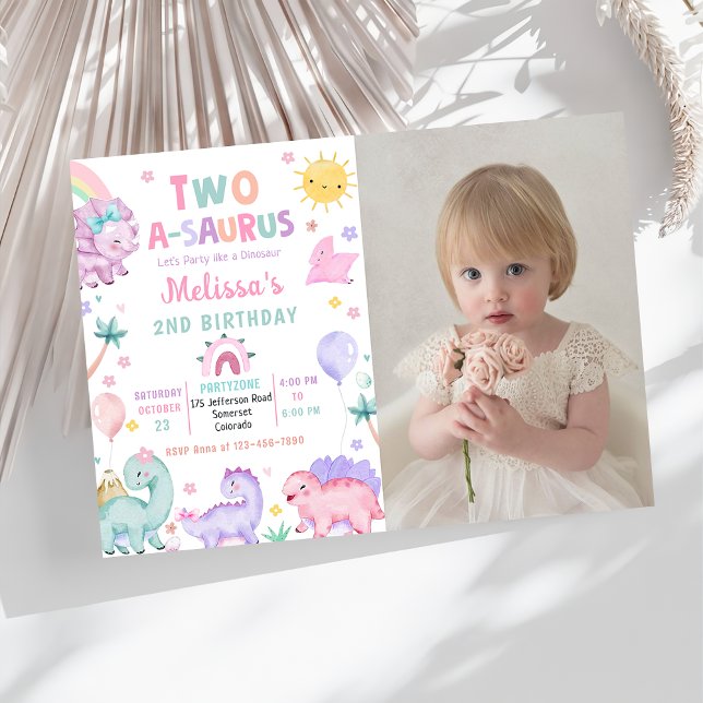 Cute Dinosaur Two-A-Saurus 2nd Birthday Photo Invitation (Creator Uploaded)