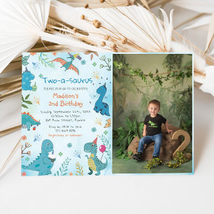 Cute Dinosaur Two-A-Saurus 2nd Birthday Photo Invitation