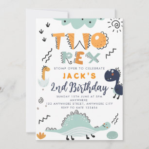 Cute Dinosaur Two Rex Birthday Party Invitation