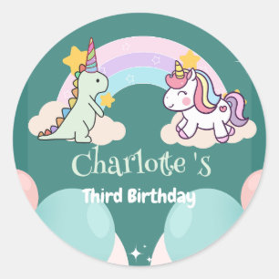 Cute Dinosaur Unicorn rainbow Balloon birthday  Classic Round Sticker