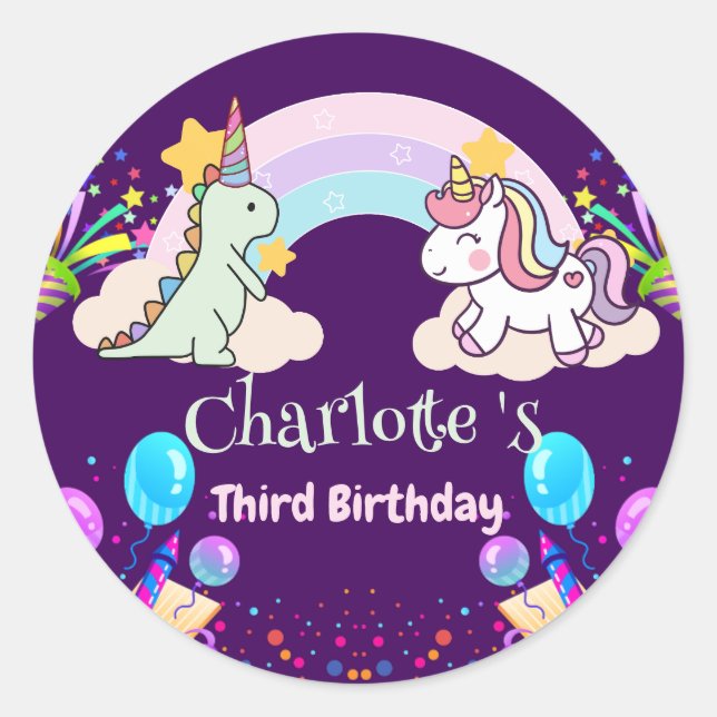 Cute Dinosaur Unicorn rainbow Balloon birthday  Classic Round Sticker (Front)