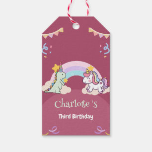 Cute Dinosaur Unicorn rainbow Balloon birthday Gift Tags
