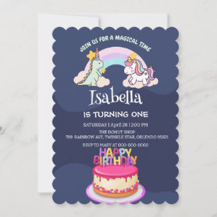 Cute Dinosaur Unicorn rainbow Balloon birthday Invitation