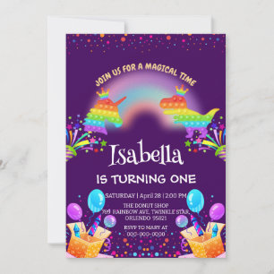 Cute Dinosaur Unicorn rainbow Balloon birthday  Invitation