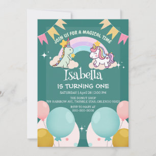 Cute Dinosaur Unicorn rainbow Balloon birthday Invitation