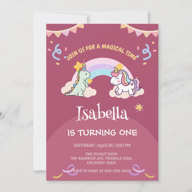 Cute Dinosaur Unicorn rainbow Balloon birthday  Invitation (Front)
