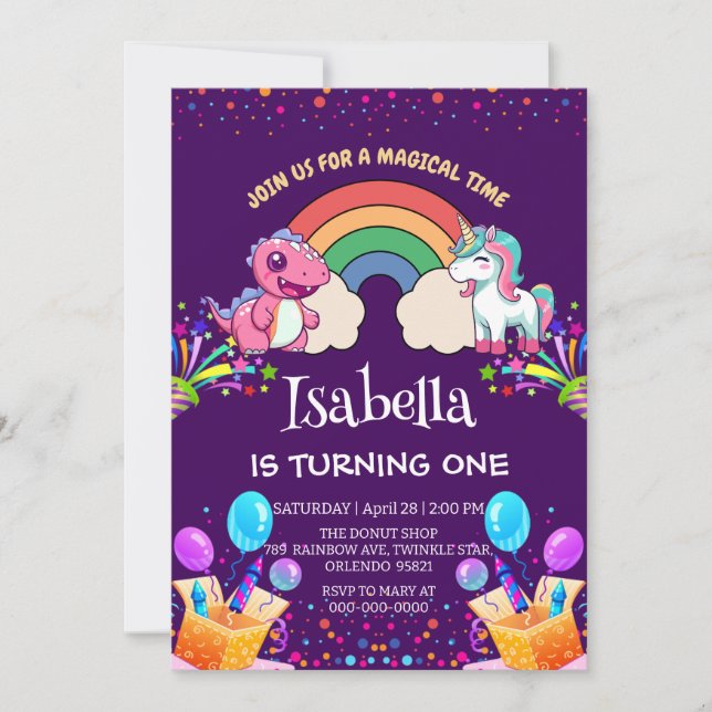 Cute Dinosaur Unicorn rainbow Balloon birthday  Invitation (Front)