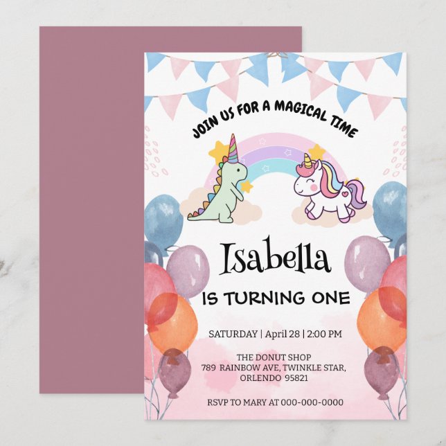 Cute Dinosaur Unicorn rainbow Balloon birthday  Invitation (Front/Back)
