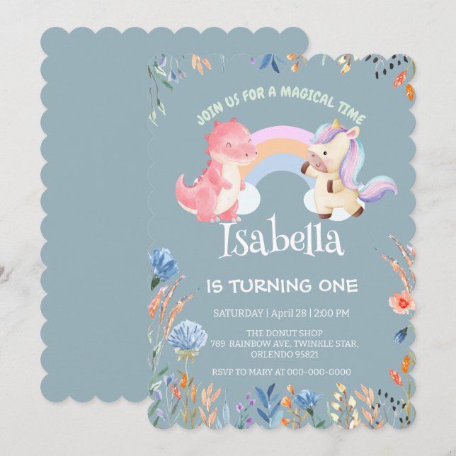 Cute Dinosaur Unicorn rainbow Balloon birthday  Invitation (Front/Back)