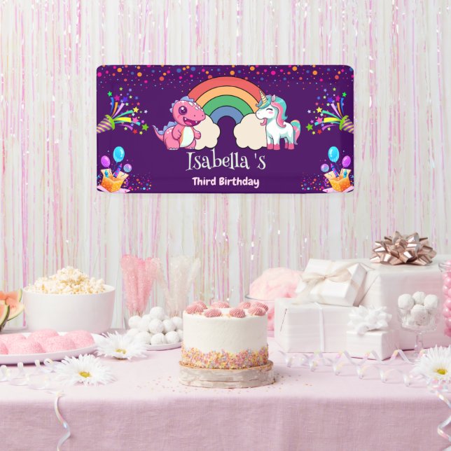 Cute Dinosaur Unicorn rainbow Balloon birthday kid Banner (Party)