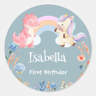 Cute Dinosaur Unicorn rainbow Balloon birthday kid Classic Round Sticker