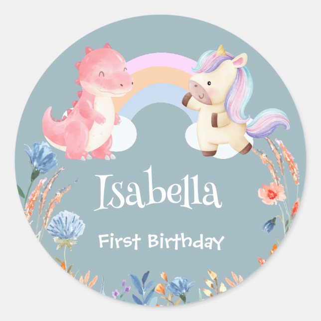 Cute Dinosaur Unicorn rainbow Balloon birthday kid Classic Round Sticker (Front)