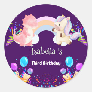 Cute Dinosaur Unicorn rainbow Balloon birthday kid Classic Round Sticker