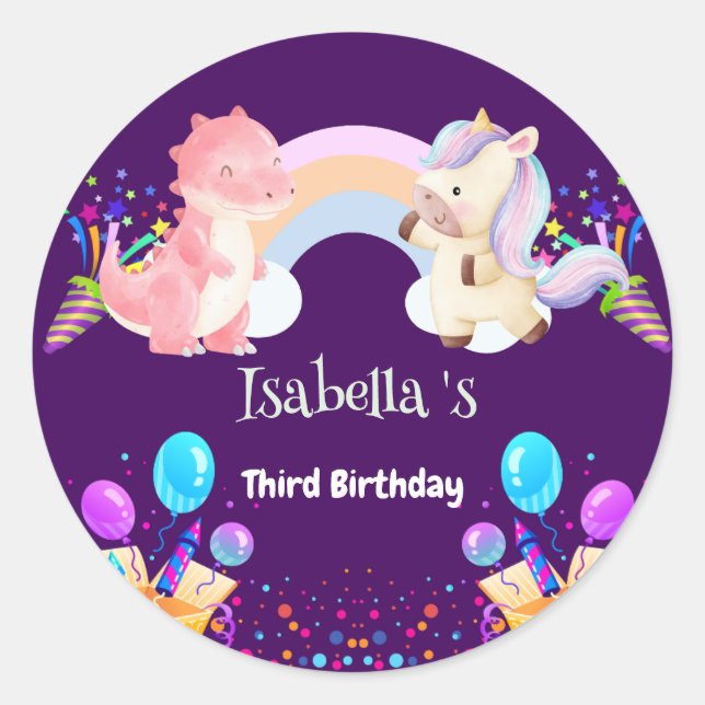 Cute Dinosaur Unicorn rainbow Balloon birthday kid Classic Round Sticker (Front)