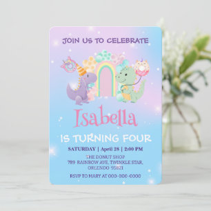 Cute Dinosaur Unicorn Rainbow balloon Birthday kid Invitation