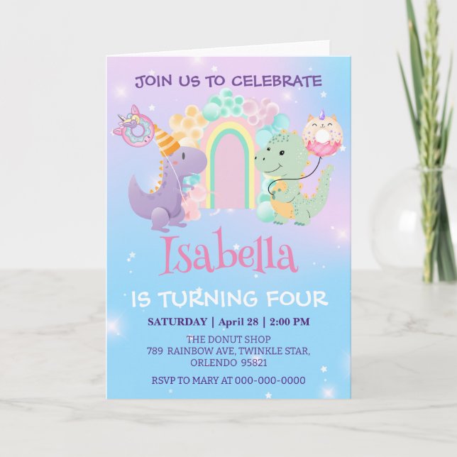 Cute Dinosaur Unicorn Rainbow balloon Birthday kid Invitation (Front)