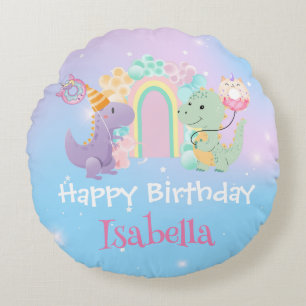 Cute Dinosaur Unicorn Rainbow balloon Birthday kid Round Cushion