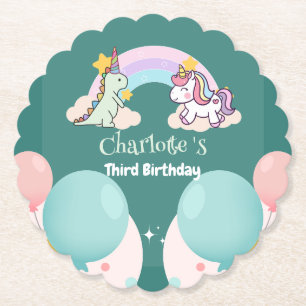Cute Dinosaur Unicorn rainbow Balloon birthday  Paper Coaster