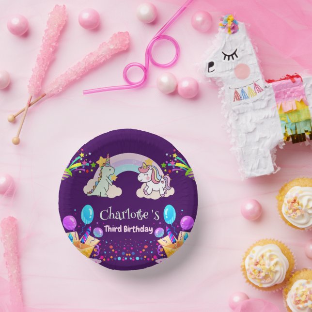 Cute Dinosaur Unicorn rainbow Balloon birthday  Paper Plate (Party)