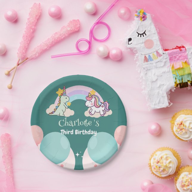 Cute Dinosaur Unicorn rainbow Balloon birthday  Paper Plate (Party)