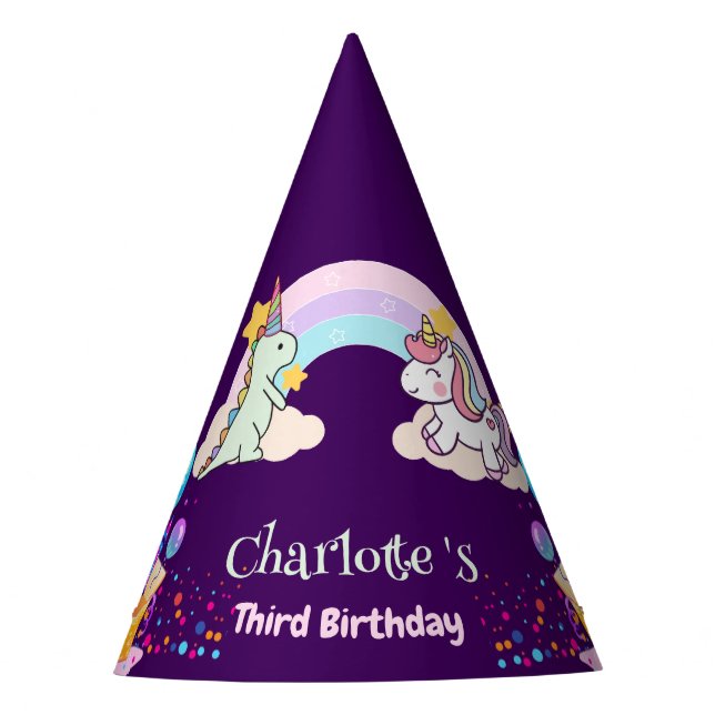 Cute Dinosaur Unicorn rainbow Balloon birthday  Party Hat (Front)
