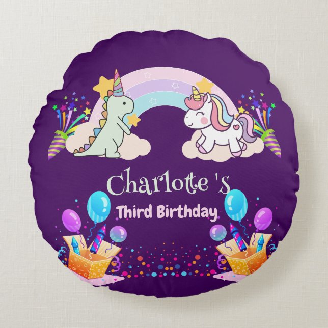 Cute Dinosaur Unicorn rainbow Balloon birthday  Round Cushion (Front)