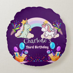 Cute Dinosaur Unicorn rainbow Balloon birthday  Round Cushion