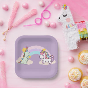 Cute Dinosaur Unicorn rainbow birthday party Paper Plate