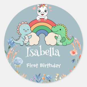 Cute Dinosaur Unicorn rainbow cupcake birthday kid Classic Round Sticker