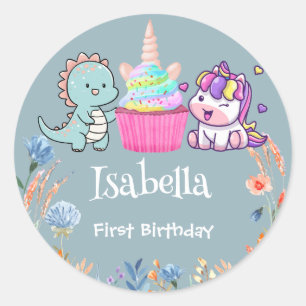 Cute Dinosaur Unicorn rainbow cupcake birthday kid Classic Round Sticker