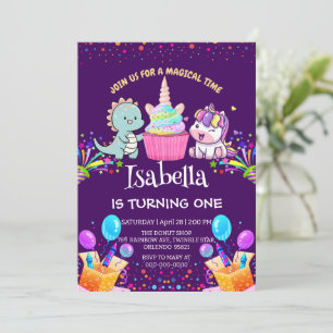 Cute Dinosaur Unicorn rainbow cupcake birthday kid Invitation
