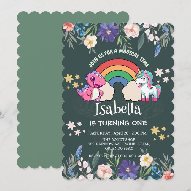 Cute Dinosaur Unicorn rainbow Floral birthday kids Invitation (Front/Back)
