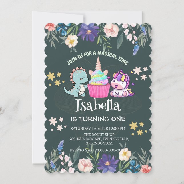 Cute Dinosaur Unicorn rainbow Floral birthday kids Invitation (Front)