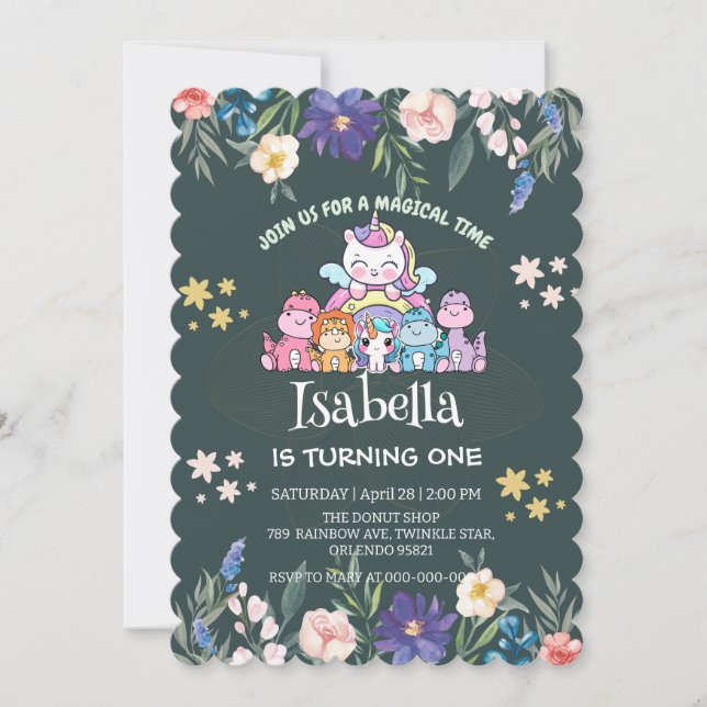 Cute Dinosaur Unicorn rainbow Floral birthday kids Invitation (Front)