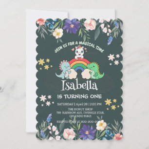 Cute Dinosaur Unicorn rainbow Floral birthday kids Invitation