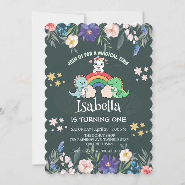 Cute Dinosaur Unicorn rainbow Floral birthday kids Invitation (Front)