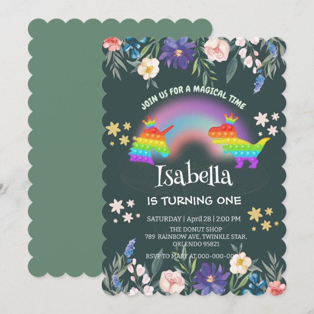 Cute Dinosaur Unicorn rainbow Floral birthday kids Invitation (Front/Back)