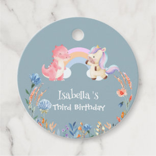 Cute Dinosaur Unicorn rainbow Flower birthday girl Favour Tags