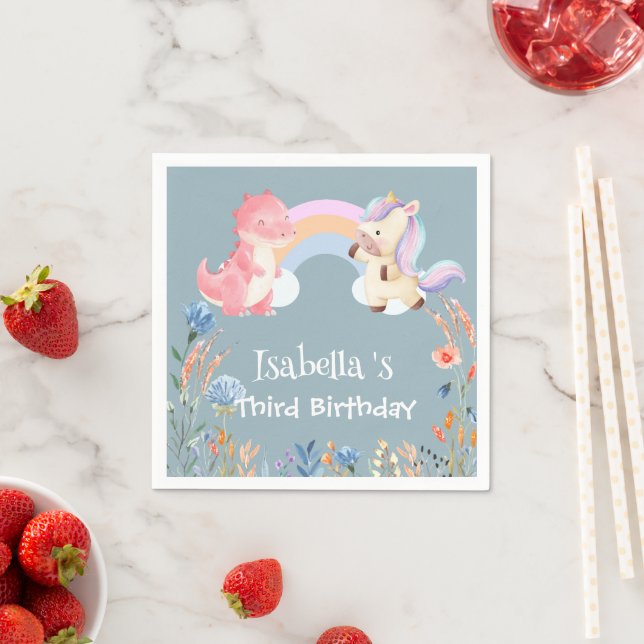 Cute Dinosaur Unicorn rainbow Flower birthday girl Napkin (Insitu)