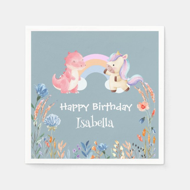Cute Dinosaur Unicorn rainbow Flower birthday girl Napkin (Front)