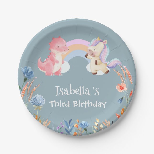 Cute Dinosaur Unicorn rainbow Flower birthday girl Paper Plate (Front)