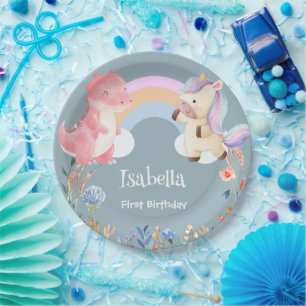 Cute Dinosaur Unicorn rainbow flower birthday kid Paper Plate